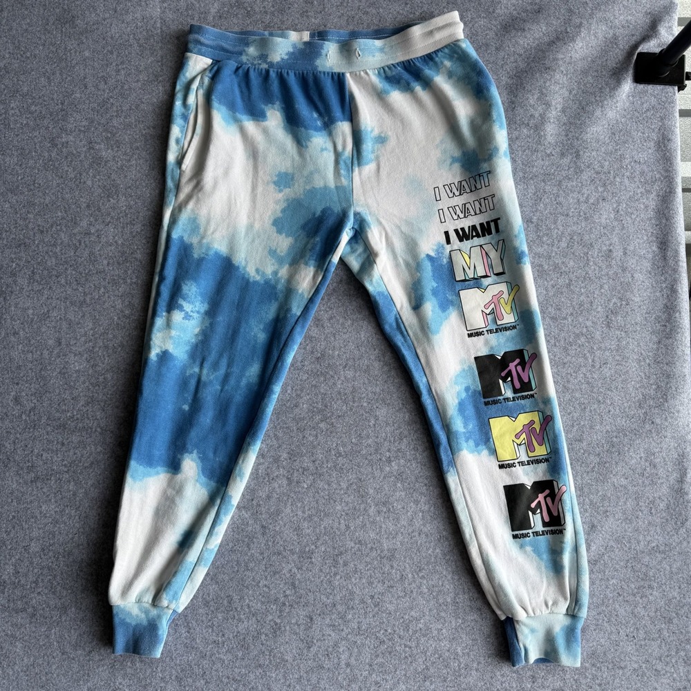 MTV‎ I Want My MTV Joggers XL Blue Tie Dye Graphic Sweatpants Cotton Blend
